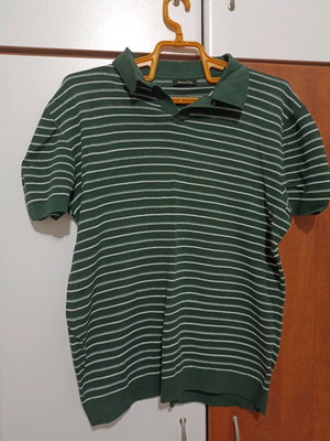 Massimo Dutti Polo Thin Short-Sleeve Men's Sweater Medium Dark Green with White Stripes Like New
