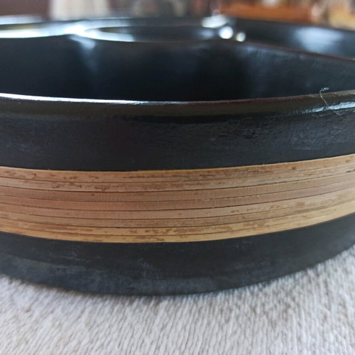 Ceramic serving platter with compartments, new, black with rattan trim