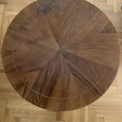 Wooden round marquetry side table, French, 1950-1960
