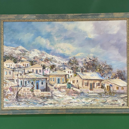 Relief oil painting by N. Papadopoulos in frame, like new, snowy landscape
