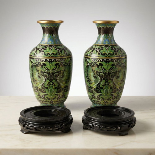 Pair of Cloisonné Vases new, Chinese enamel on black wooden base