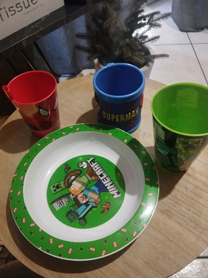 Plastic children's tableware made to order with Minecraft, Superman, Spiderman themes