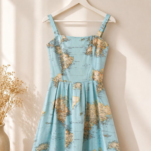 Vintage World Map Dress blue cotton skater dress, new