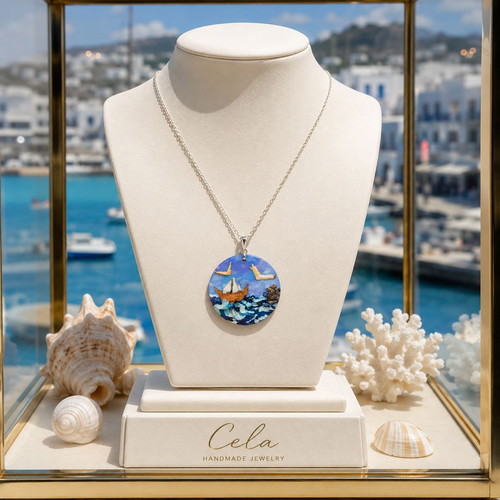 Handmade UNIQUE Necklace made of polymer clay with relief, coated with liquid glass. Steel chain