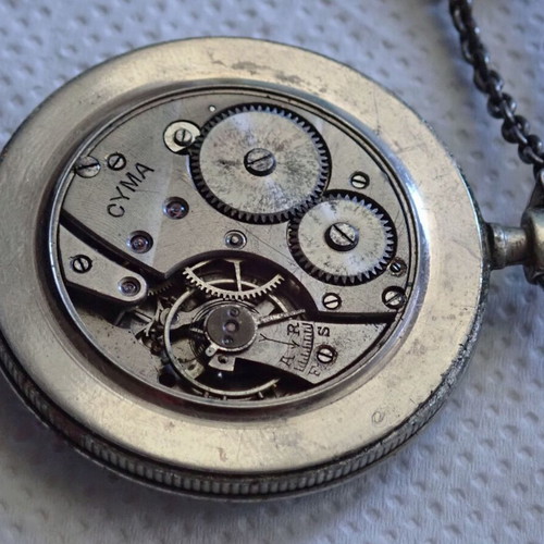 Cyma Swiss Pocket Watch 1930s used with chain and 6 stones