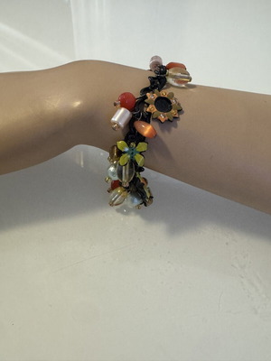 Boho Charm Bracelet with Flowers and Beads like new, black chain