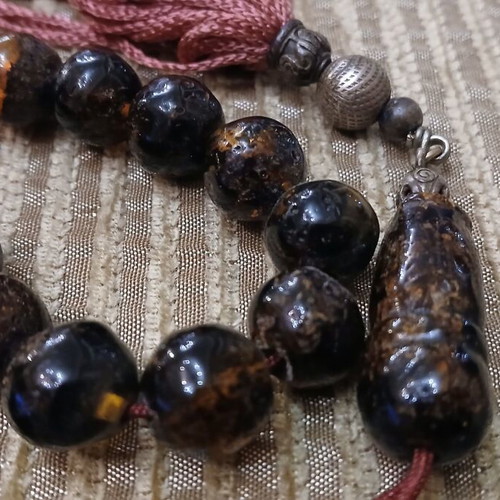 Amber Worry Beads used, Baltic amber, silver elements, 33 beads