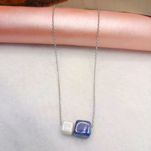 Stainless steel necklace with ceramic beads new, silver