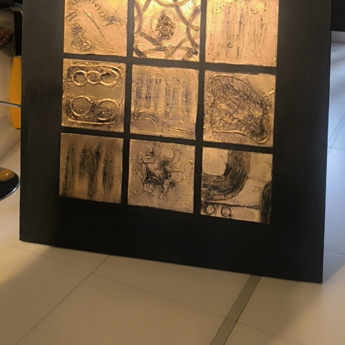 Handmade Embossed Wall Art 100x100 cm, Black & Gold Bronze