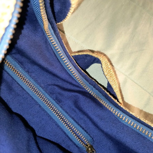 Summer crossbody bag like new linen with print and blue pom poms