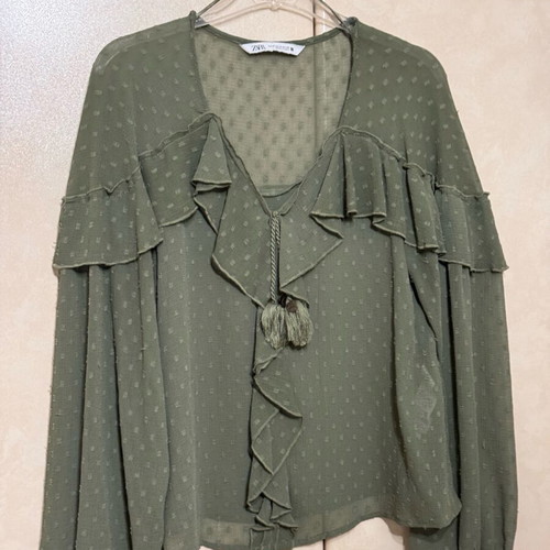 Zara khaki blouse semi-transparent with ruffles like new