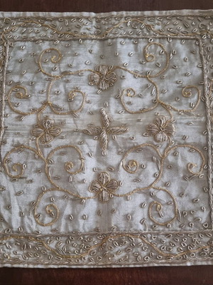 Cotton pillowcase like new with gold thread and pearls