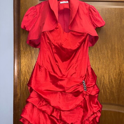 Satin set with strapless dress and bolero jacket, like new, red