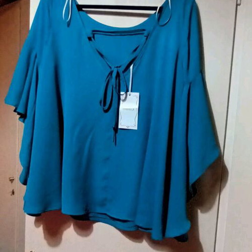 Bibibo blouse new, petrol color, with flounced sleeves, size M