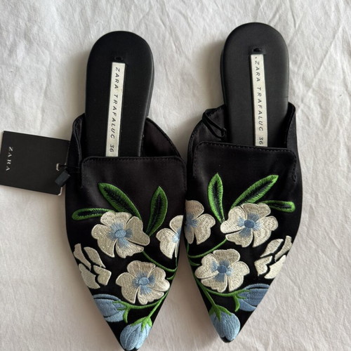 Zara flat mules new, size 36, black with floral embroidery