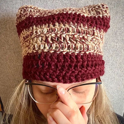 Handmade beanie with cat ears new, beige and burgundy