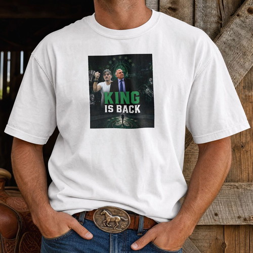 T-Shirt The King Is Back 2 new, unisex, white, polyester jersey