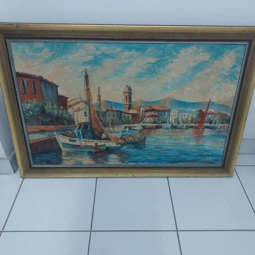 Seascape oil painting on canvas with wooden frame used