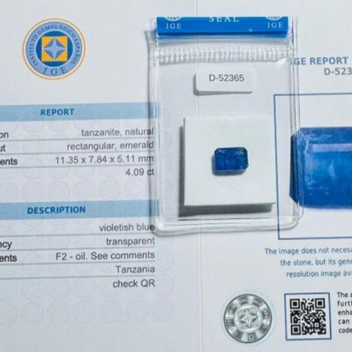 Tanzanite 4.09 carats new, Emerald cut, certified by IGE