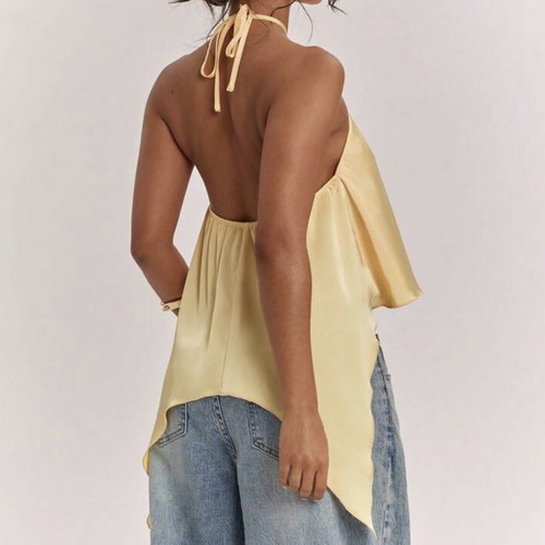 Shein yellow satin asymmetrical halterneck top