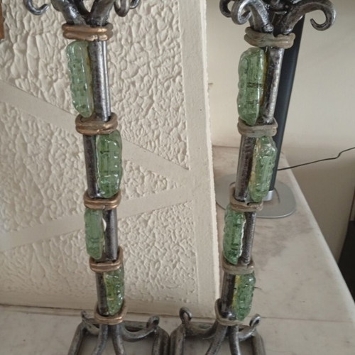 Pair of large handmade pewter candlesticks with green glass decoration