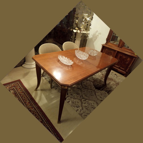 Wooden rectangular dining table used with extension leaf for 6-8 people