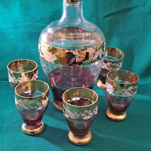 Antique crystal wine set with gold and burgundy decoration, 5 glasses
