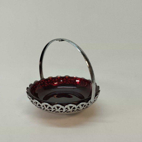 Vintage bowl from England used, red glass with aluminum base 12x12