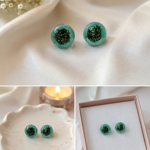 Handmade mint green resin earrings with dark green flakes