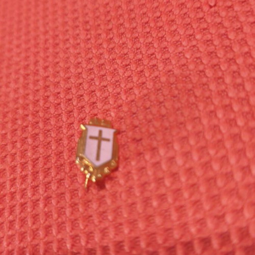 Vintage lapel pin shield with cross and white enamel