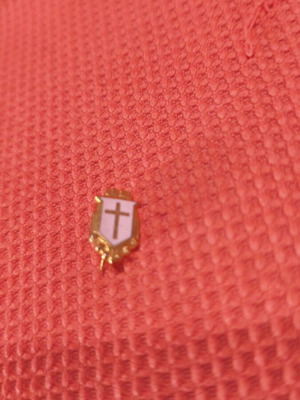 Vintage lapel pin shield with cross and white enamel