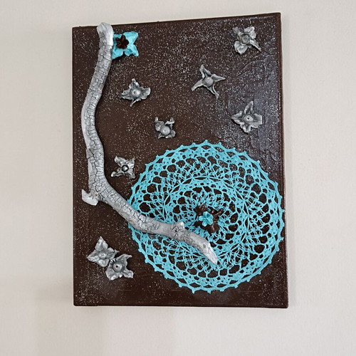 Handmade canvas frame with turquoise crochet and silver lotus stems, new