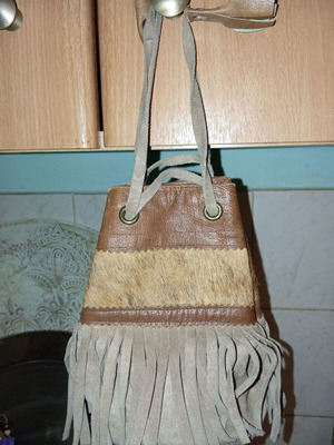 Vintage handbag genuine leather and fur small pouch beige