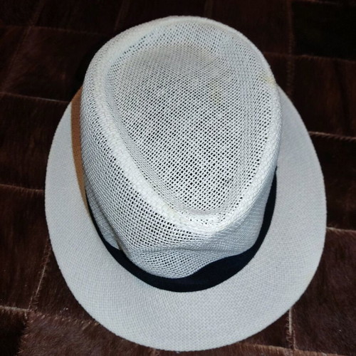 Paper hat used, white with black fabric detail, size 58