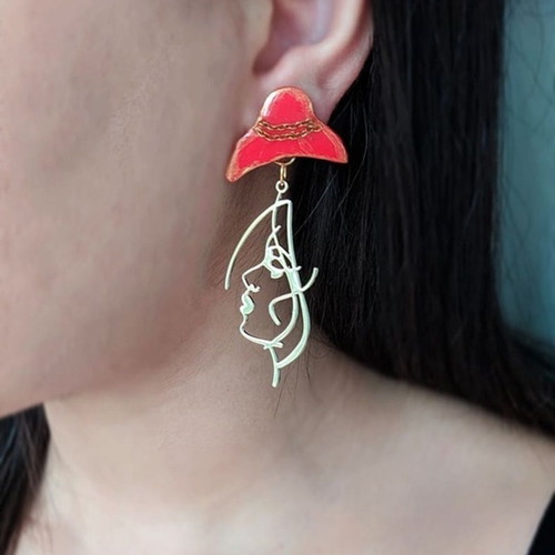 Handmade long dangle earrings with red polymer clay hat and steel