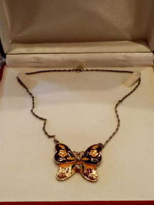 Vintage butterfly necklace used, multicolor and gold-tone
