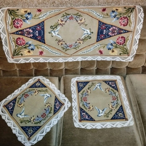 Handmade table runner and two doilies, new, hand-embroidered