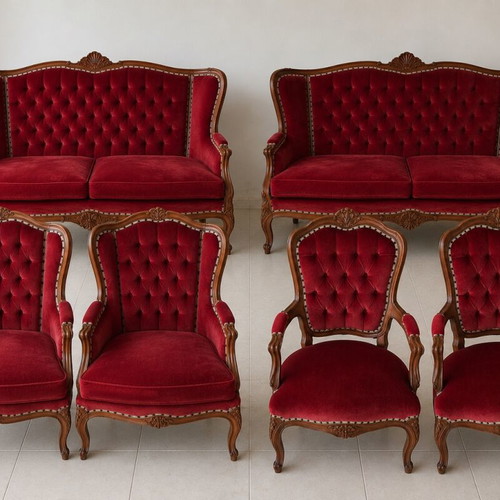 French Provincial Louis XV Style Living Room Suite 6-Piece Burgundy Velvet Like New