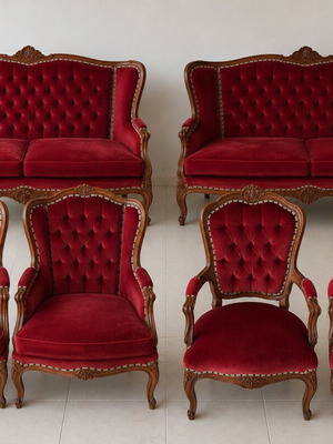 French Provincial Louis XV Style Living Room Suite 6-Piece Burgundy Velvet Like New