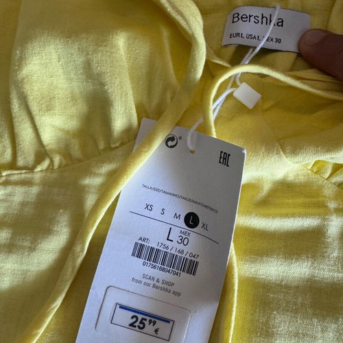 Bershka dress new, yellow, large, 100% cotton linen