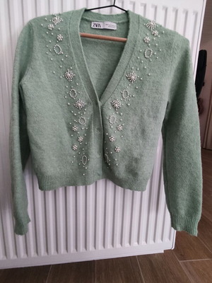 Zara cardigan mint green with pearls, wool alpaca mix, like new