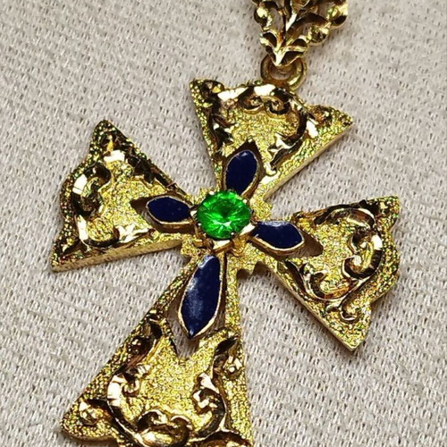 Handmade 14K Yellow Gold Orthodox Cross with Certified Tsavorite Garnet, New