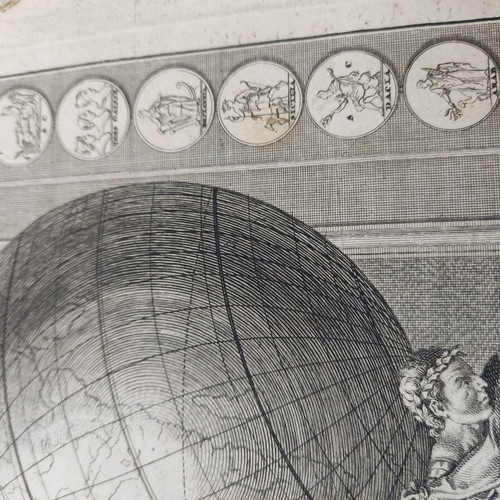 Engraving book frontispiece used with hero Atlas holding the earth