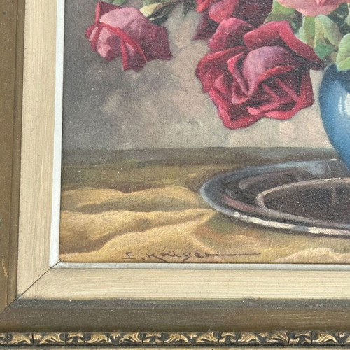 Vintage oil painting on canvas with roses in embossed gold wooden frame, used