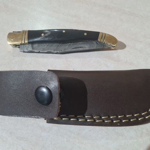Laguiole knife Damascus blade horn handle with leather sheath