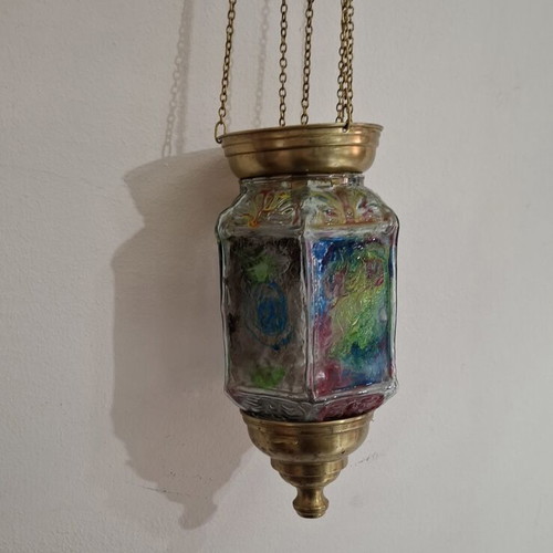 Hexagonal Hanging Lamp Fusing Glass stained glass style, like new, 60 cm
