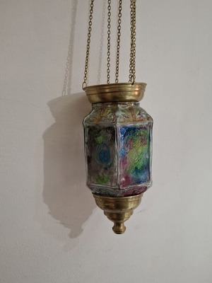 Hexagonal Hanging Lamp Fusing Glass stained glass style, like new, 60 cm