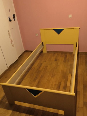 Single bed used, handmade wooden yellow with blue