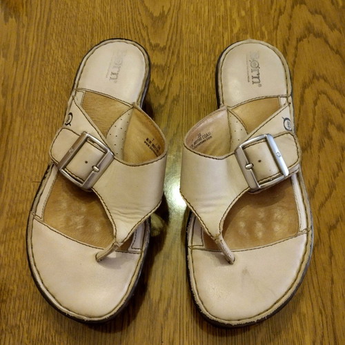 Born thong slippers used, genuine leather, handmade, beige, size 38
