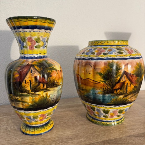 Hand-painted majolica vases used, set of 3